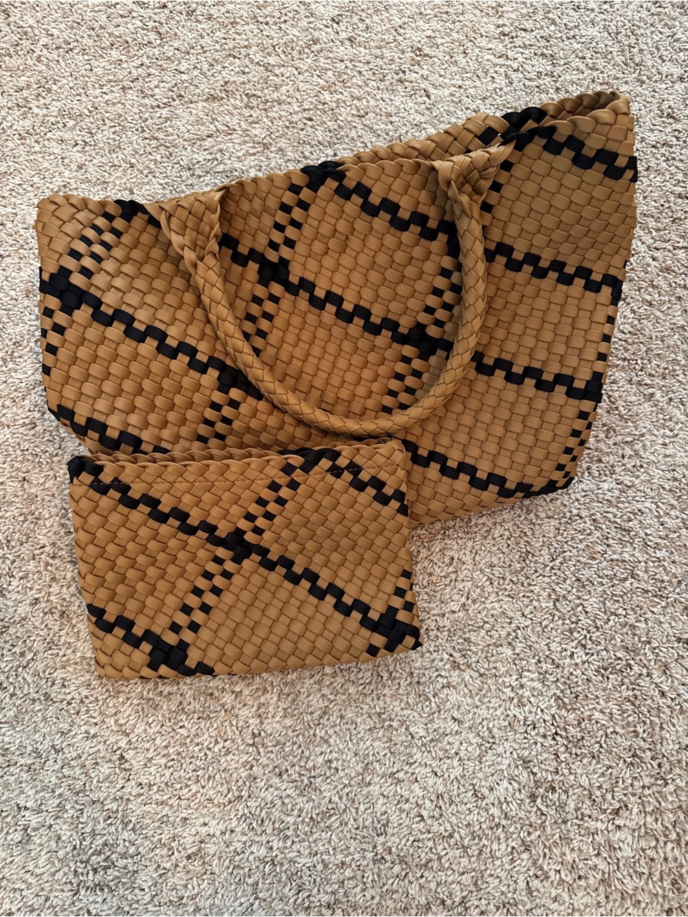 Sol & Selene Woven Tote with Matching Pouch - Sand & Black
